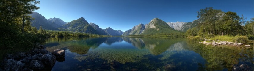 Panoramic landscape of serene lake with 360 degrees hdr and hdri views in nature