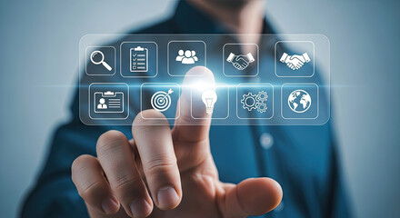 Innovative Business Solutions: Man Touching Virtual Interface with Strategy Icons for Technology, Management, and Growth. Modern Digital Transformation