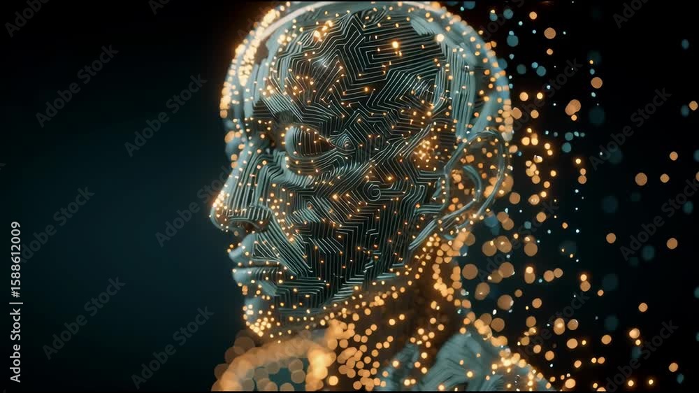 Aufkleber Neon glowing head silhouette with AI algorithm patterns and data particles deep learning and brain tech