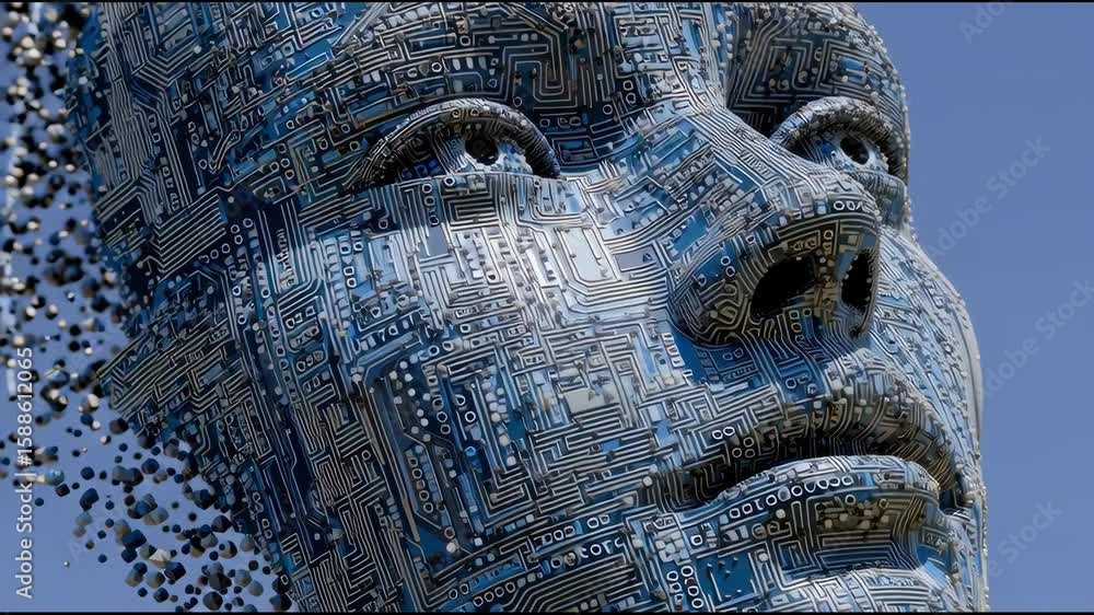 Poster abstract face made of binary code and circuits futuristic ai thinking system with cyber design