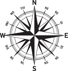 Classic black and white compass rose with cardinal directions and intermediate points silhouette