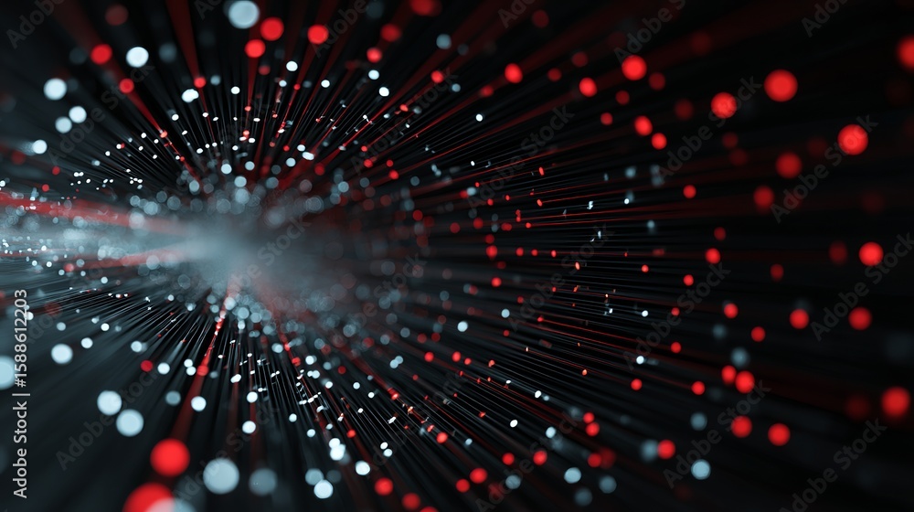 Poster abstract tunnel of light: digital data stream with white and red particles converging into a single 