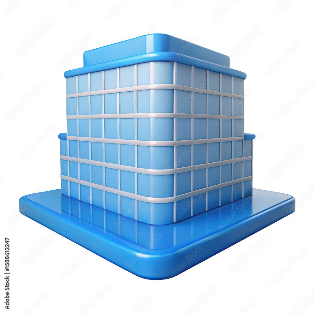 Poster stylized blue office building with reflective base and modern architecture isolated on transparent b