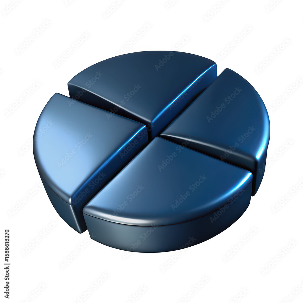 Poster shiny metallic blue divided circular chart graphic element with four segments isolated on transparen