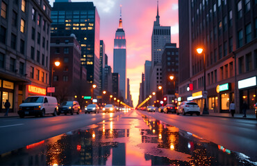 Naklejka premium serene cityscape dusk vibrant sky reflected onto wet pavement towering skyscrapers fade soft focus