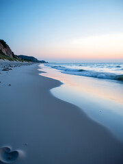 serene beach scene dawn cool blue white gradient sky reflecting calm waters shot low angle shallow depth