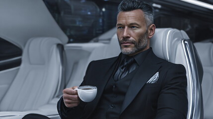 Caucasian businessman with beard driving modern self driving car. Mature man in autonomous vehicle. Future transportation concept for business travel.