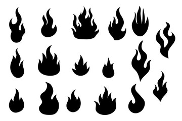 Black flame icon set in bold silhouette style