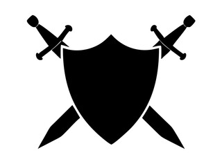 shield silhouette, shield with swords black vector art