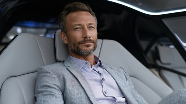 Caucasian businessman with beard driving modern self driving car. Mature man in autonomous vehicle. Future transportation concept for business travel.