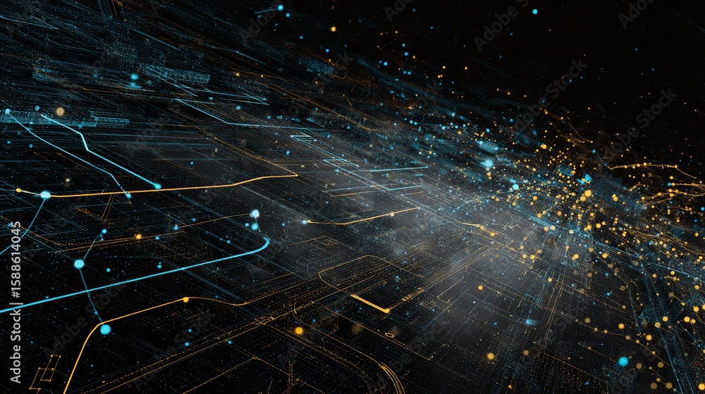 Poster abstract tech landscape depicting futuristic grid with glowing lines and dots in deep space visual c