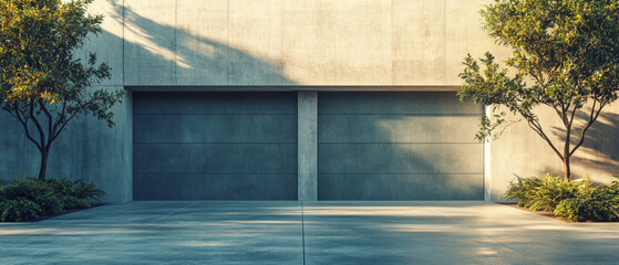 Modern two door garage with trees on the sides, useful for real estate and design articles.