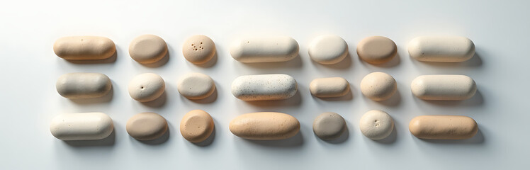 serene arrangement smooth stones artfully arranged grid pattern minimalist surface bathed soft overhead
