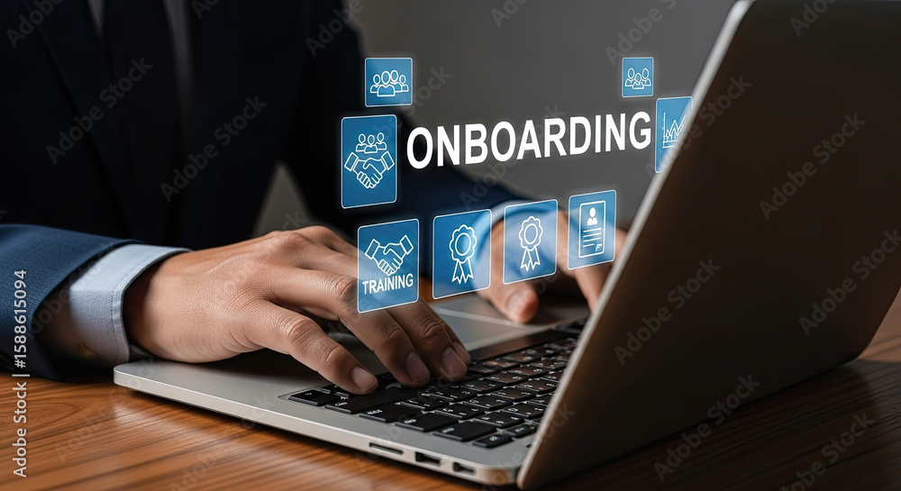 Poster effective employee onboarding program: businessman using laptop for new hire training and integratio