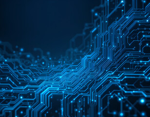 Deep Tech AI Circuitboard Background in Dark Blue with Glowing Blue Data Streams

