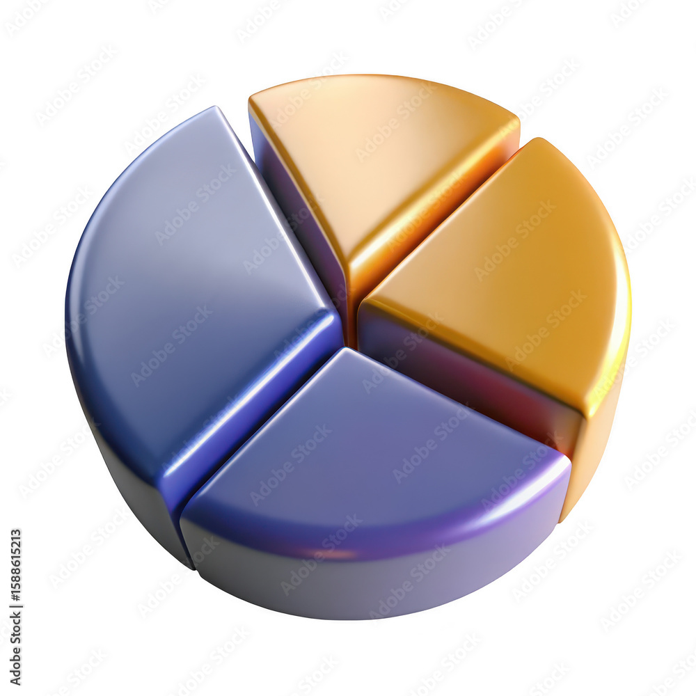 Poster three dimensional metallic pie chart with four segments in blue and gold colors isolated on transpar