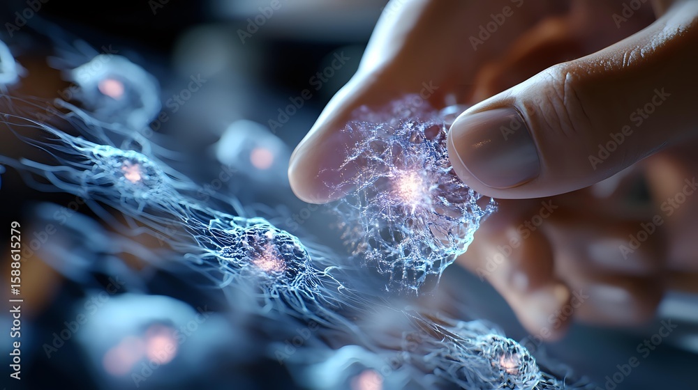 Poster glowing neural network visualization with human finger touching digital synapses, showing artificial