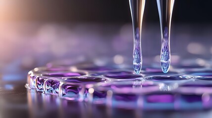 Mesmerizing water drops creating ripples on reflective surface with purple and pink illumination, macro photography showing liquid surface tension dynamics.