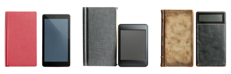 Collection of various books and electronic devices isolated on transparent background