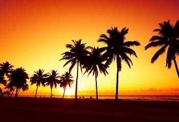 Silhouetted coconut palms at sunset on a tropical beach, vintage tone, peaceful, design
