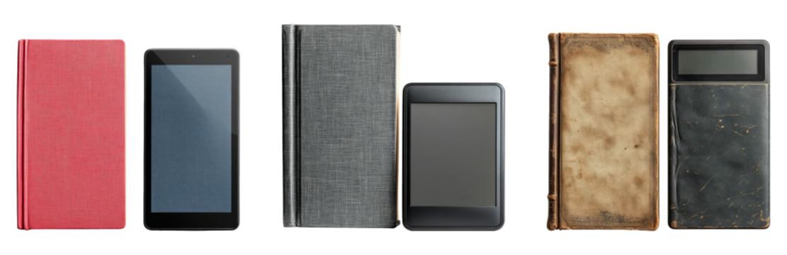 Collection of various books and electronic devices isolated on transparent background - Powered by Adobe