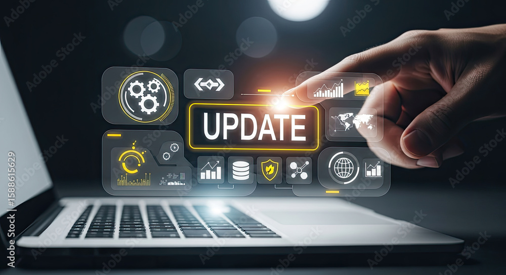 Poster software update on laptop with finger touching interface, digital transformation and technology conc
