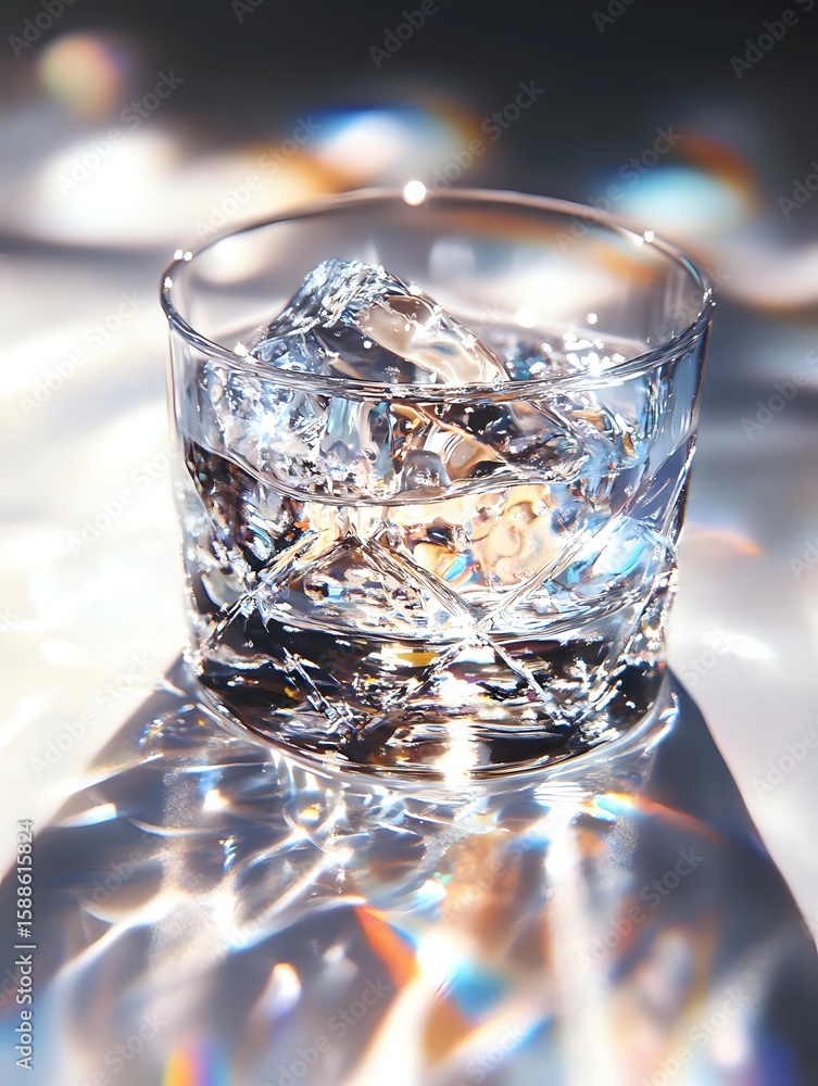 Poster crystal clear glass with ice cubes and light reflections creating rainbow prism effects, close-up ma