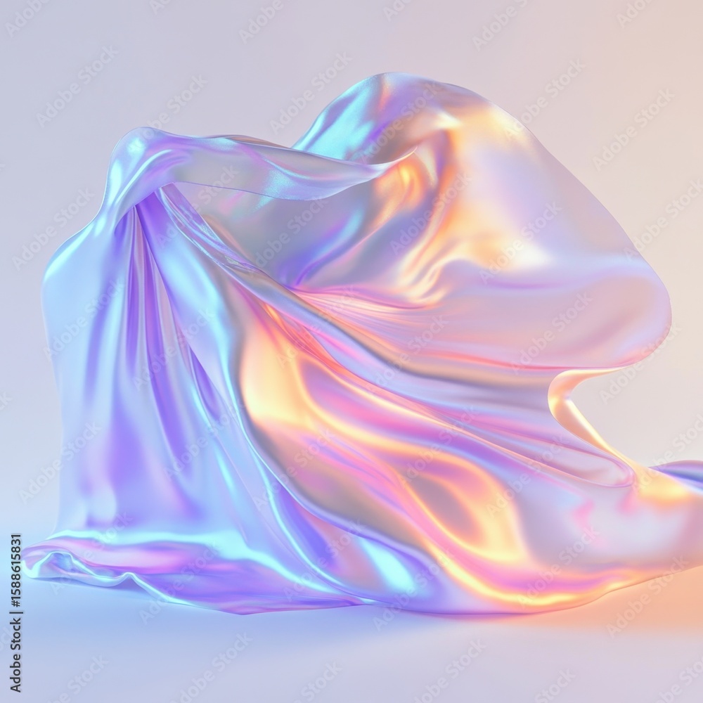 Poster iridescent fabric draped in a flowing shape with soft light and pastel color gradients showing