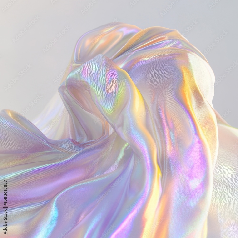 Poster iridescent fabric draped artistically with flowing folds and a shimmering ethereal quality on white 