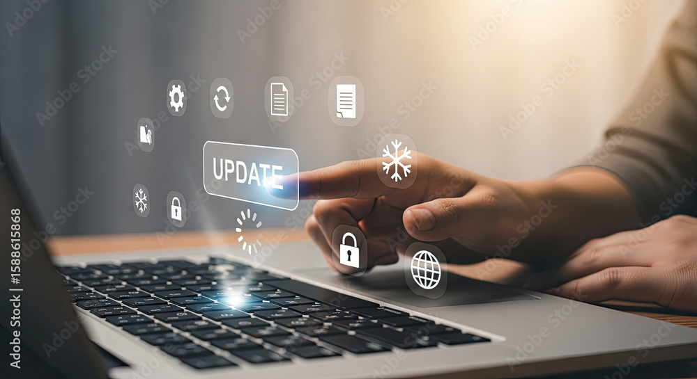 Poster software update on laptop: finger touching button with icons. system upgrade, installation, loading 