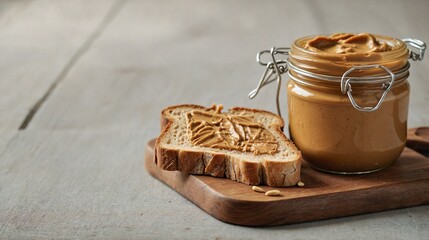 Jar of Peanut Butter with Toasted Bread on Wooden Board