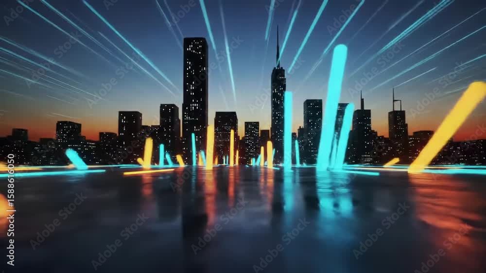 Poster dynamic cityscape: futuristic skyline with flowing light streams animation