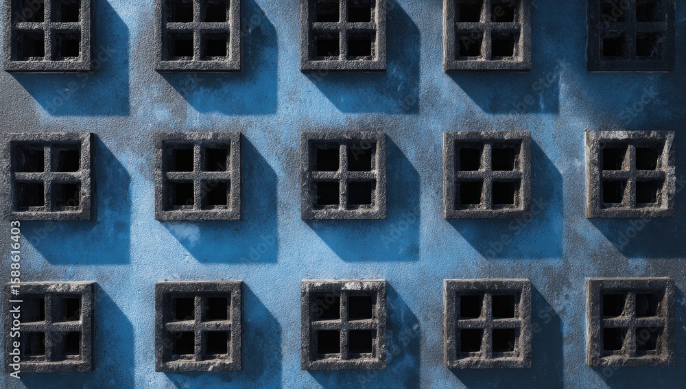 Poster geometric stone on a textured blue wall create a striking architectural pattern, casting intriguing 