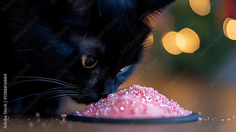 Poster black cat sniffing pink sugar crystals on dark surface with soft bokeh lights in background, creatin