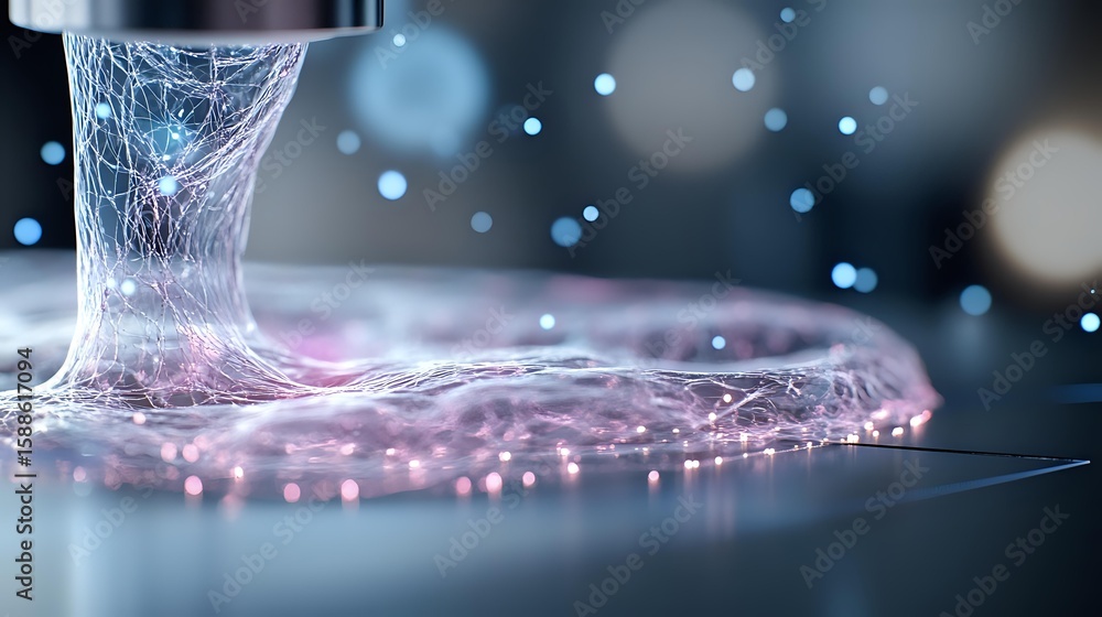 Poster glowing pink and blue network threads forming abstract tornado shape against dark background with bo