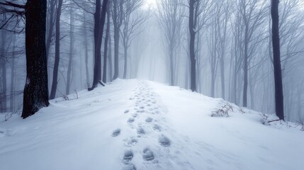 Fototapeta premium Snowy path through misty forest (2)
