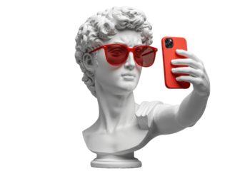 Isolated Greek Statue Bust Wearing Sunglasses and Taking Selfie