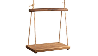 Children's wooden swing. Swing hanging. Hanging wooden swing with rope on transparency background png form