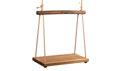 Children's wooden swing. Swing hanging. Hanging wooden swing with rope on transparency background png form
