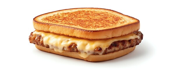 Grilled sandwich with melted cheese and meat patty on toasted golden-brown bread, isolated on white background for menu and restaurant advertising.
