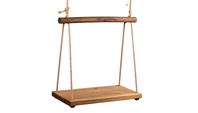 Children's wooden swing. Swing hanging. Hanging wooden swing with rope on transparency background png form
