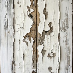 Close up of weathered wooden planks with peeling white paint showing the wood grain texture underneath