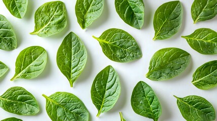 Obraz premium Fresh green spinach leaves arranged in pattern on white background, organic healthy food ingredients for cooking and salad preparation. Natural vegetarian concept.