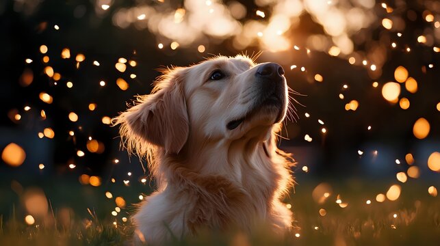 Golden retriever dog portrait at sunset with magical bokeh lights and glowing particles creating dreamy atmosphere, side view of pet looking up against warm background.