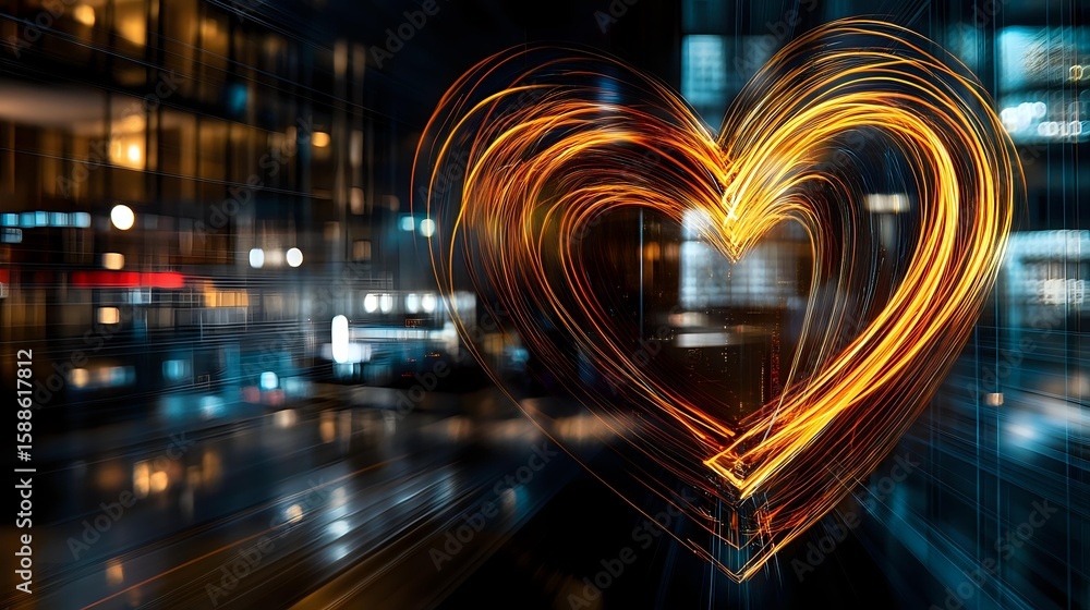 Poster glowing heart shape created with light trails against dark urban nightscape with bokeh lights and re