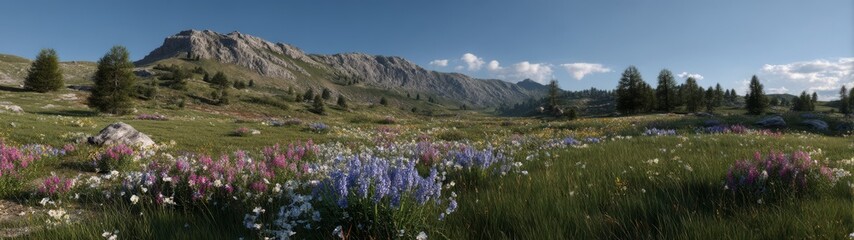 Obraz premium Panoramic 360 degrees landscape of vibrant wildflowers in nature hdr and hdri viewpoint