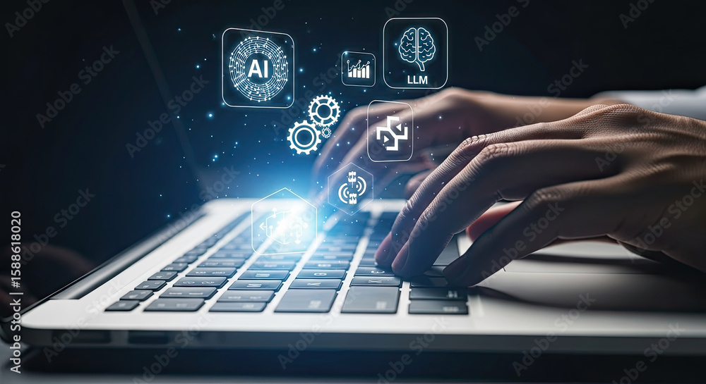 Poster ai-powered solutions: hands on laptop with artificial intelligence and llm icons for modern business