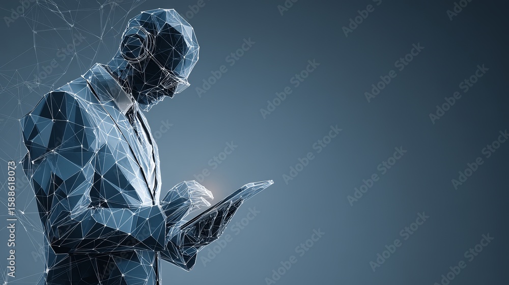 Poster digital businessman wearing suit, using tablet computer and connected by digital network on blue bac