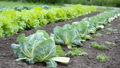 Close Up Shot of Fresh Savoy Cabbages with Vibrant Green Leaves in Organic Garden Bed Cultivation