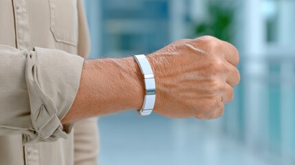 Biometric access for healthcare, A close-up of a person"s arm wearing a sleek, silver medical alert bracelet.